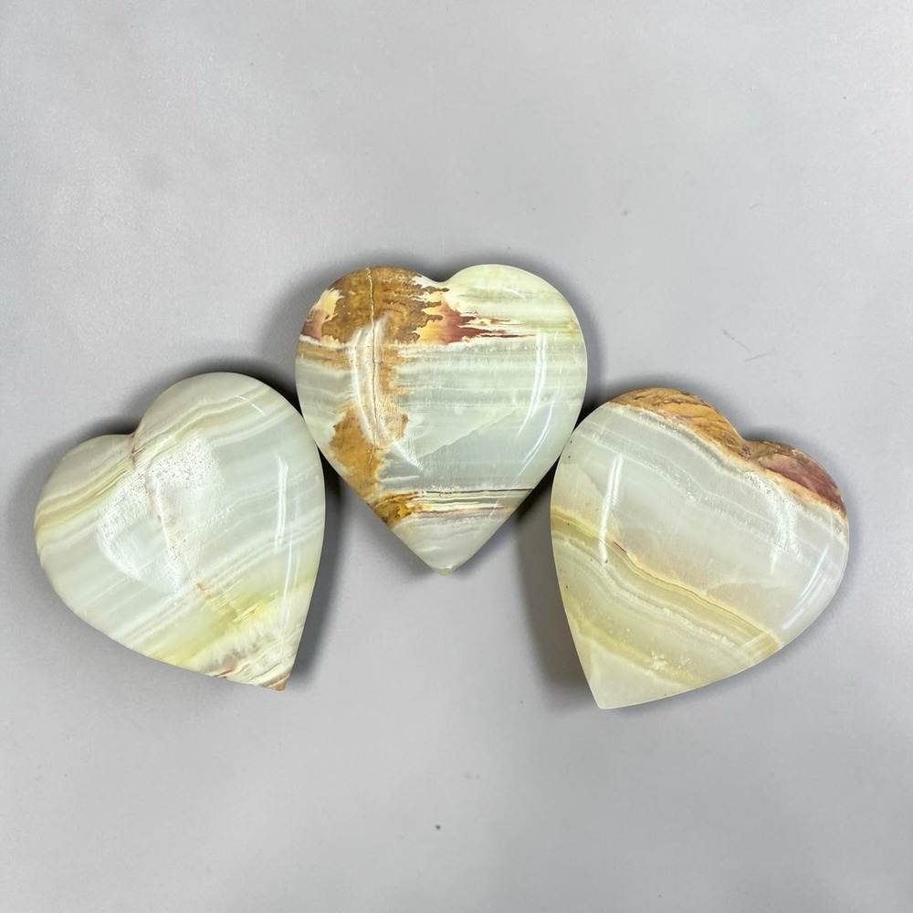 3" Set of 3 Green Onyx Calcite Hearts Banded Stone Crystal Healing Eneregy